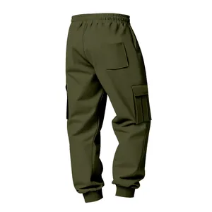 Rear view detail of olive green men's cargo jogger pants with multiple pockets