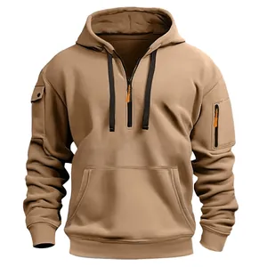 Detailansicht Herren-Kapuzenpullover Khaki mit Ärmelreißverschlusstaschen