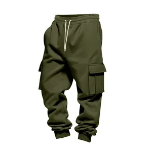 Detailed view of men's olive green fleece cargo pants with multi-pockets.