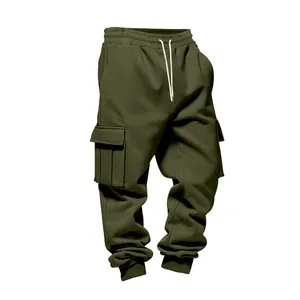 Close-up detail of men's olive green fleece cargo sweatpants with drawstring waist