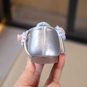 Elegant silver girls princess dress shoes with flower details and soft sole for autumn