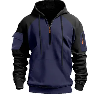 Men's two-tone half-zip hoodie with tactical arm pocket and orange zipper accent