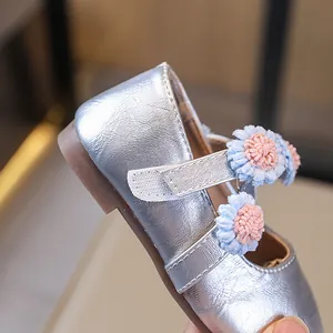 Elegant silver girls princess flats featuring cute 3D floral accents and soft soles