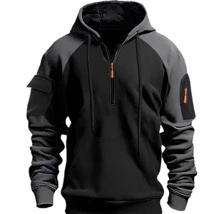 Men's tactical half-zip hoodie featuring utility arm pockets in black and grey