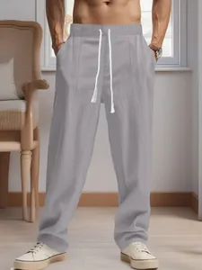 Men's Japanese retro straight linen trousers in grey with an elastic drawstring waist.