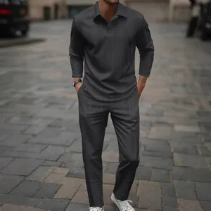 Conjunto de Traje de Punto Jacquard Casual para Hombre Camisa Polo de Manga Larga y Pantalones Top y Bottom Moda Streetwear Otoño