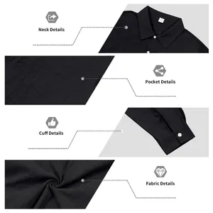 Vistas detalladas del cuello, bolsillo, puño y tejido de esta camisa de lino negro para hombre