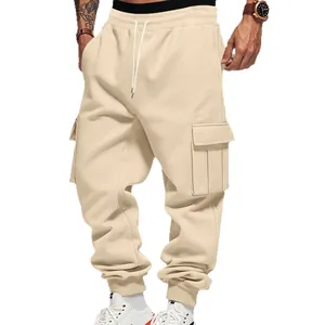 Men's thermal fleece cargo sweatpants with drawstring waist and multi-pockets, khaki