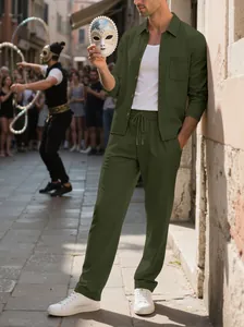 Men's olive green corduroy two-piece leisure set worn by a model in street scene