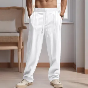 Japanese retro men's loose fit white linen straight pants for spring and autumn