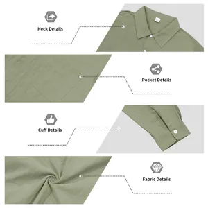 Detalles de camisa de lino para hombre mostrando el cuello, bolsillo y textura de tela.