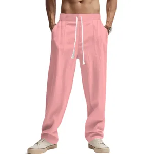 Men's Japanese retro pink linen straight pants, breathable loose fit casual trousers