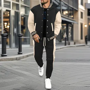 Men's two-piece varsity jacket and jogger set with color-block stripes for autumn.