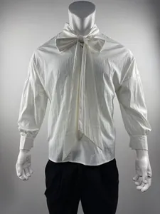 Front view of white long-sleeve shirt featuring a unique oversized bow-tie collar design
