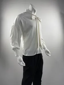 Detailed side view of white men's dropped shoulder shirt with bow tie collar detail