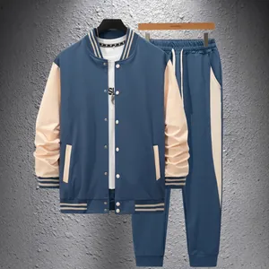 Men's navy blue and cream color-block varsity jacket and matching sweatpants set