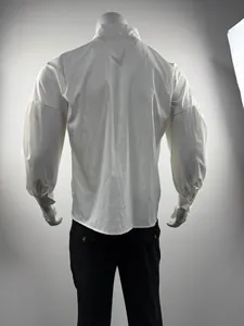 Detailed back view of a men's casual white loose long-sleeve shirt with drop shoulder
