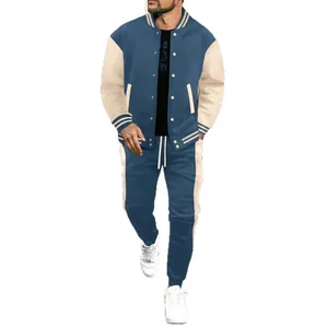 Men's blue and cream color-block varsity jacket and sweatpants two-piece tracksuit set