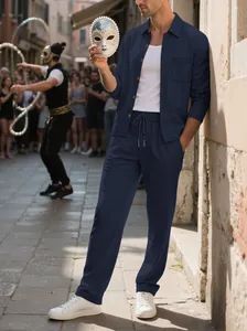 High-quality detail of a men's navy blue corduroy casual shirt and trousers set