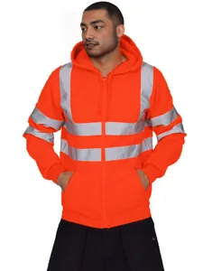Orangefarbener reflektierender Herren-Kapuzenpullover in Vorderansicht mit Sicherheitsstreifen