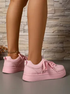 Eleganti sneaker platform rosa pesanti da donna con lacci decorativi in corda spessa