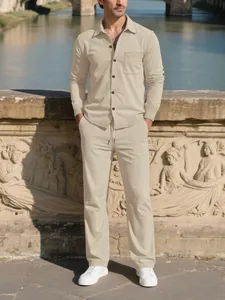 Men's Corduroy Casual Suit Set Long Sleeve Button Down Shirt And Straight Leg Pants Solid Color Two Piece Outfit