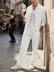Detailed view of men's white corduroy casual shirt and drawstring trousers fashion set