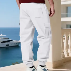 Men's heavyweight white fleece cargo sweatpants with multi-pockets shown from back view