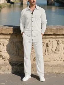 Mens white corduroy long sleeve button-up shirt and matching trousers casual set