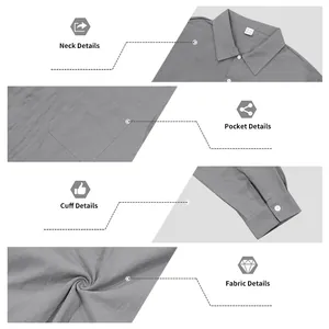 Detalles del cuello, bolsillo, puño y tela gris de la camisa de lino para hombre