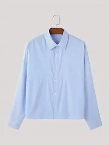 Blue vertical striped long-sleeve lapel shirt for men with a relaxed fit design.
