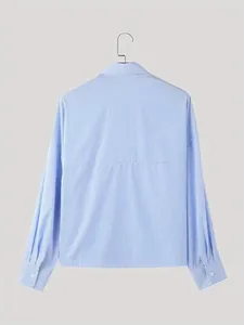 Detailed rear view of light blue and white vertical striped men's long-sleeved shirt
