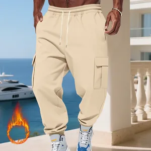 Premium heavy fleece-lined men's cargo pants in beige, loose fit casual style view