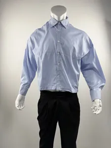 Front view of a men's loose blue vertical striped long-sleeved shirt on a mannequin