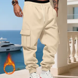 Men's heavy fleece cargo pants in beige, loose fit joggers for autumn and winter outfits.