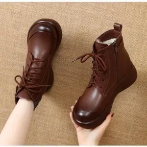 Botas Martin Vintage para Mujer Botas de Cuero Sintético con Plataforma Hebilla Cremallera Lateral Forro Polar Invierno