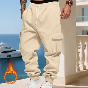 Warm men's heavy fleece-lined cargo sweatpants in beige with drawstring and pockets