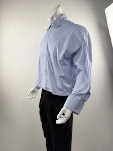 Side view of a blue and white vertical striped long sleeve button-down shirt