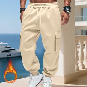 Heavy fleece-lined men's cargo sweatpants in beige, loose fit winter sports jogger