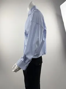 Detailed side view of a blue and white vertical striped long-sleeved shirt on a male mannequin.