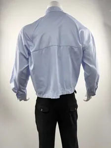 Detailed back view of men's blue and white vertical striped loose long sleeve shirt
