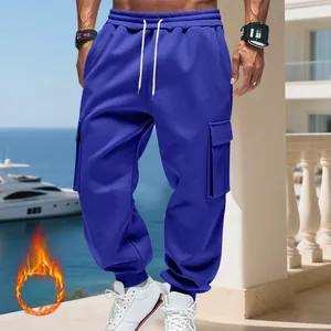 Men's heavyweight blue fleece cargo pants with loose fit and multi-pocket design