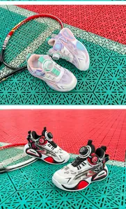 Detailed view of trendy kids' breathable mesh basketball shoes in two colorways