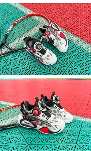 Close-up of breathable children's basketball shoes with a rotary buckle system