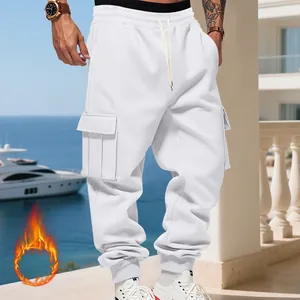Detail shot of men's white heavyweight fleece-lined cargo sweatpants in a loose fit
