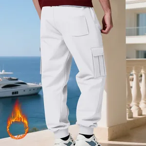 Detail view of men's heavy white fleece cargo pants with side pockets and warm lining