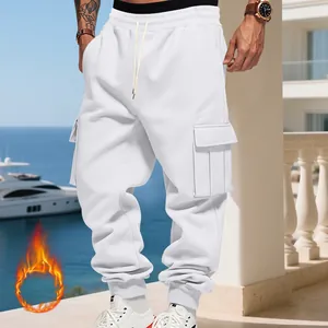 Close-up view of premium white heavyweight fleece cargo pants with large side pockets