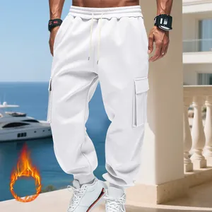 Men's heavy fleece white cargo joggers with relaxed fit and multi-pockets for winter