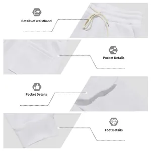 Detailed views of white men's cargo pants waistband, pockets, and ribbed cuffs.