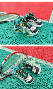 Detailed view of children's breathable basketball shoes on an athletic court surface